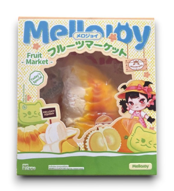 マイストアのメロジョイ フルーツマーケットシリーズ、ドリアンをモチーフにしたなめらかな触感のスクイーズトイのパッケージ