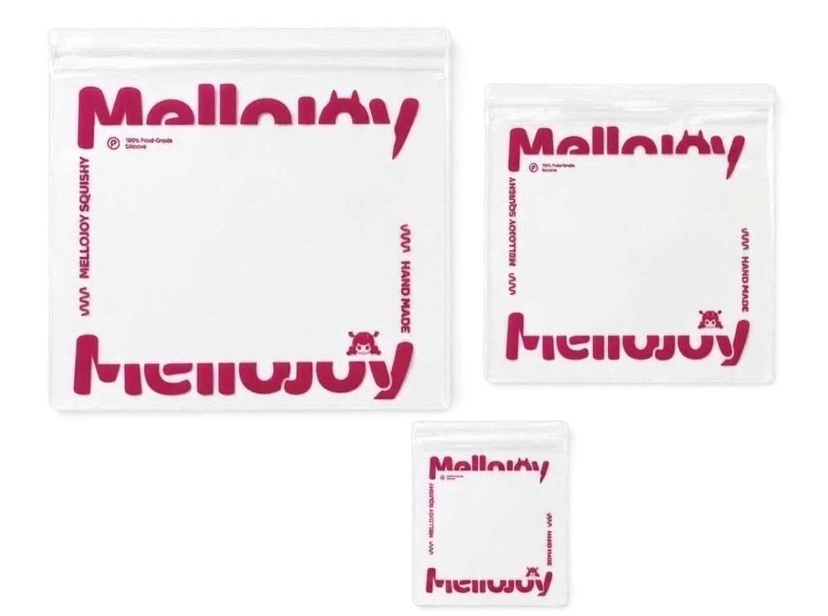 メロジョイ 予備袋 大・中・小の3サイズ。MellojoyロゴとHAND MADEの赤いプリント入り透明ジッパー付きPVC袋
