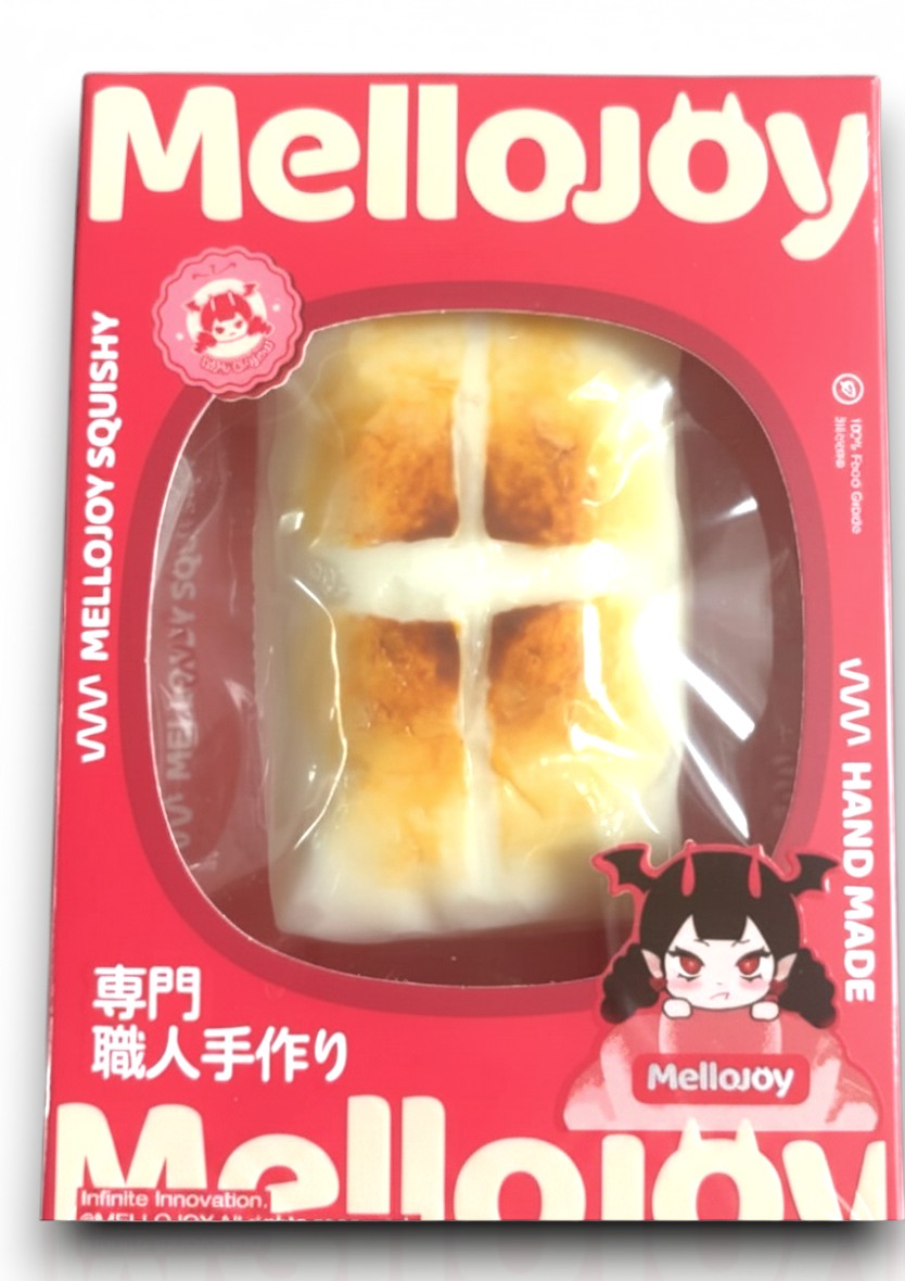 マイストアのメロジョイお餅モチーフのやわらかい触感トイ。焼き目がついた白いお餅のデザインで、赤いパッケージに入ったブラインドボックス仕様。