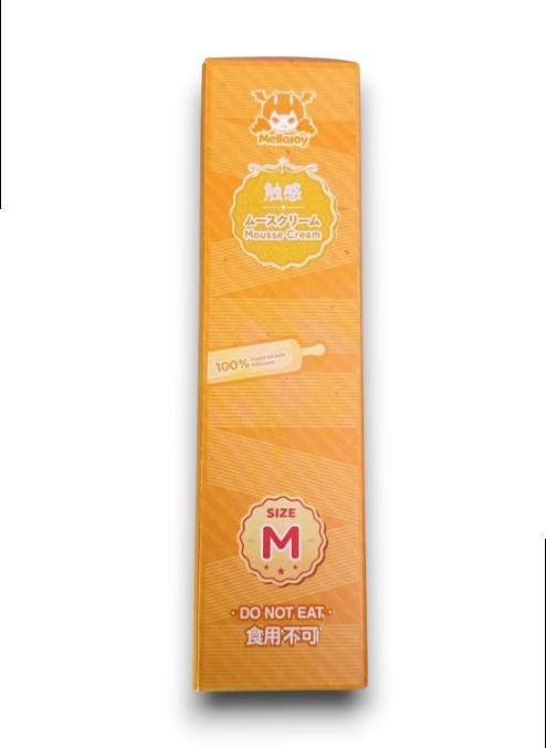 マイストアのメロジョイ贅沢スフレMサイズ、食品グレードシリコン製触感トイのオレンジ色のパッケージ側面