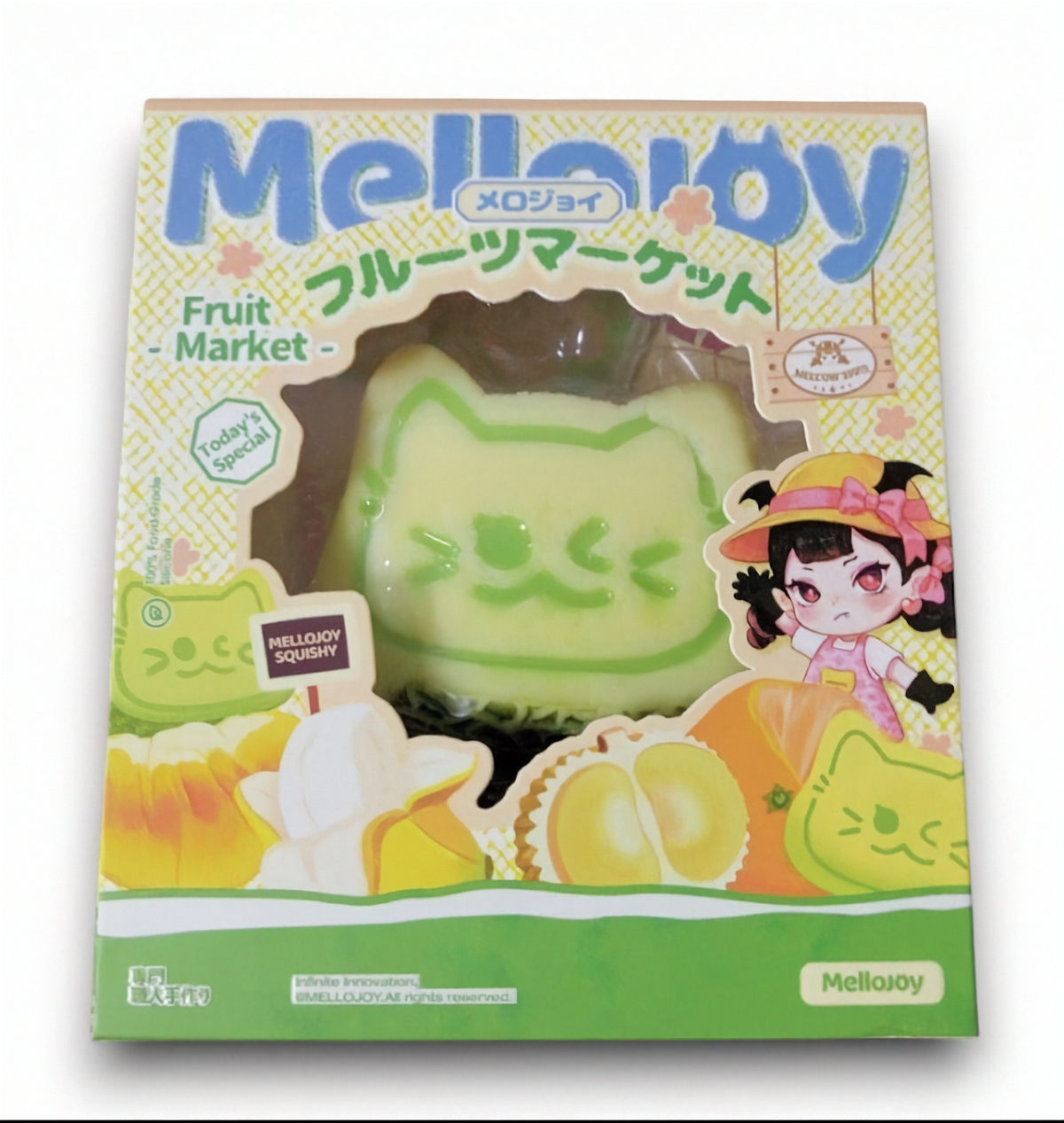 メロジョイ フルーツマーケットシリーズ、メロンの形をした猫のキャラクターの触感トイが入ったブラインドボックスパッケージ