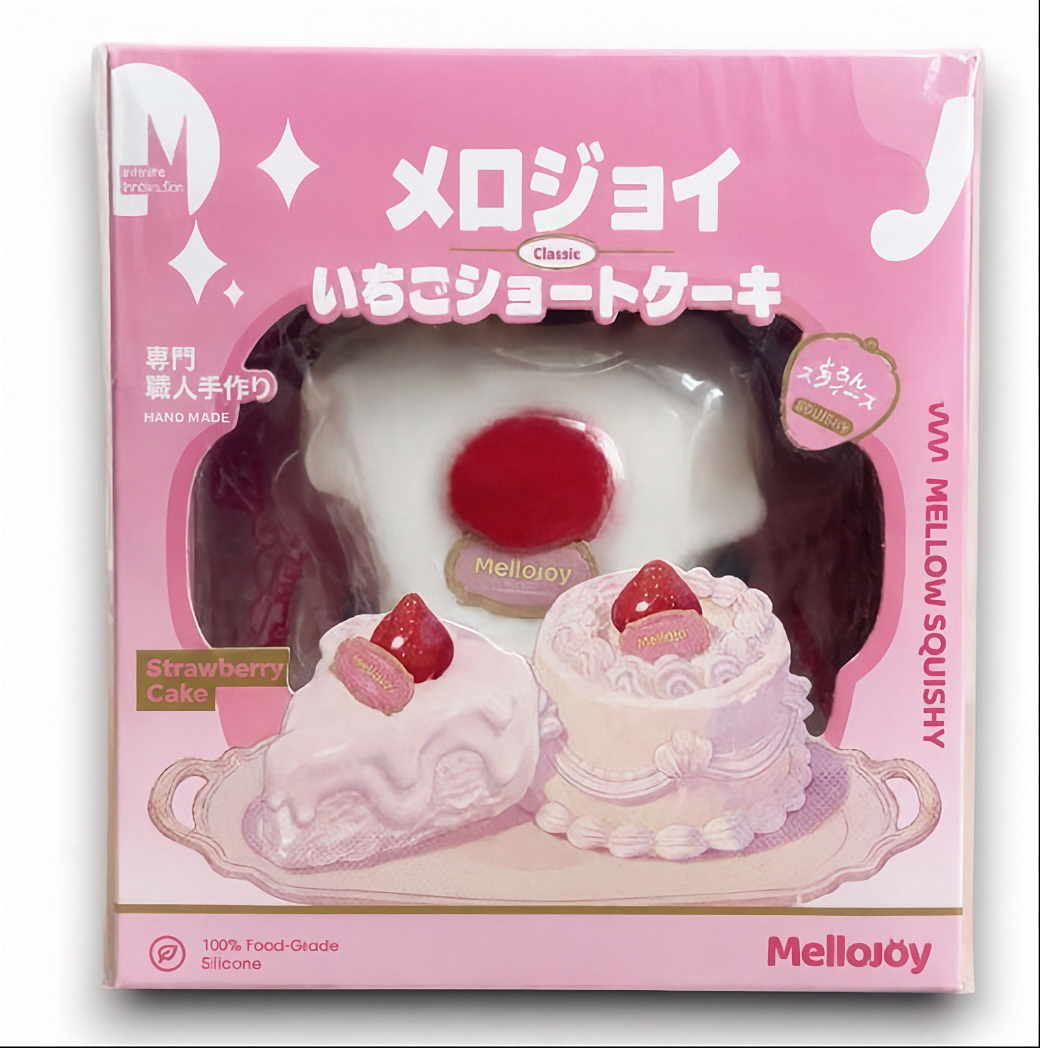 メロジョイいちごショートケーキスライス。雲のように柔らかいシリコン素材のスイーツ型触感トイ。