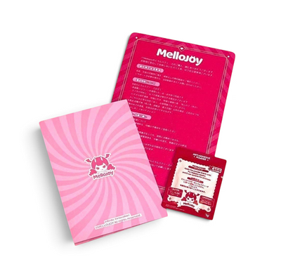 メロジョイ（Mellojoy）スクイーズ用メンテナンスパウダーセット。ピンクのパッケージと説明書、マジックシュガーパウダーの小袋がセットになったお手入れ用品