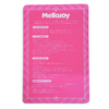 メロジョイ（Mellojoy）マジックシュガーパウダーの取り扱い説明カード。ピンク色の背景に白い文字で注意事項と使用方法を記載
